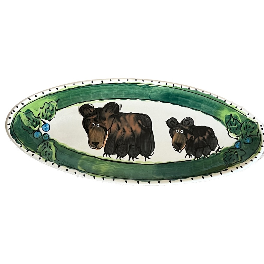 Artables Canada Dish 2 Black BEARS Fish Pottery Platter Hand Painted Original